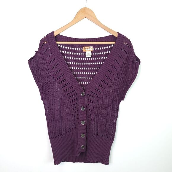 Y2k Open Knit Cardigan Cottagecore Beachy Button Front Purple - Picture 1 of 8